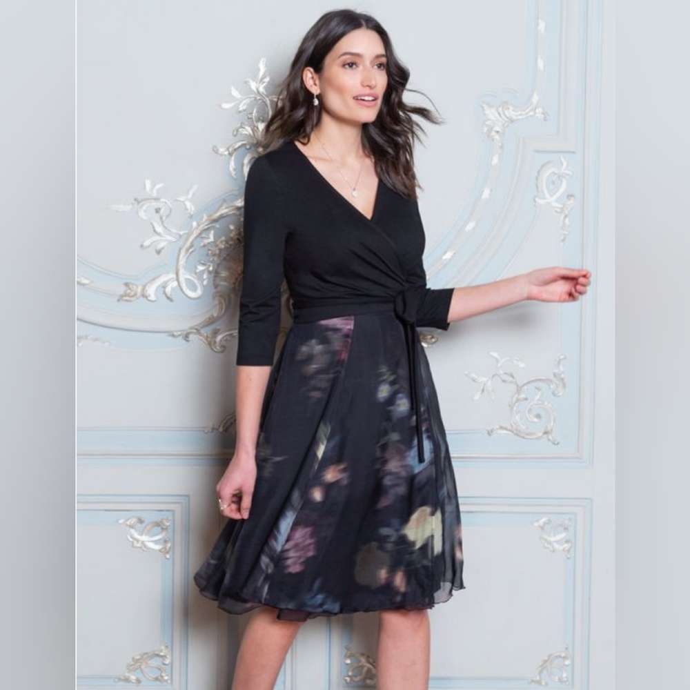 Seraphine Black Floral Wrap 3/4 sleeve dress